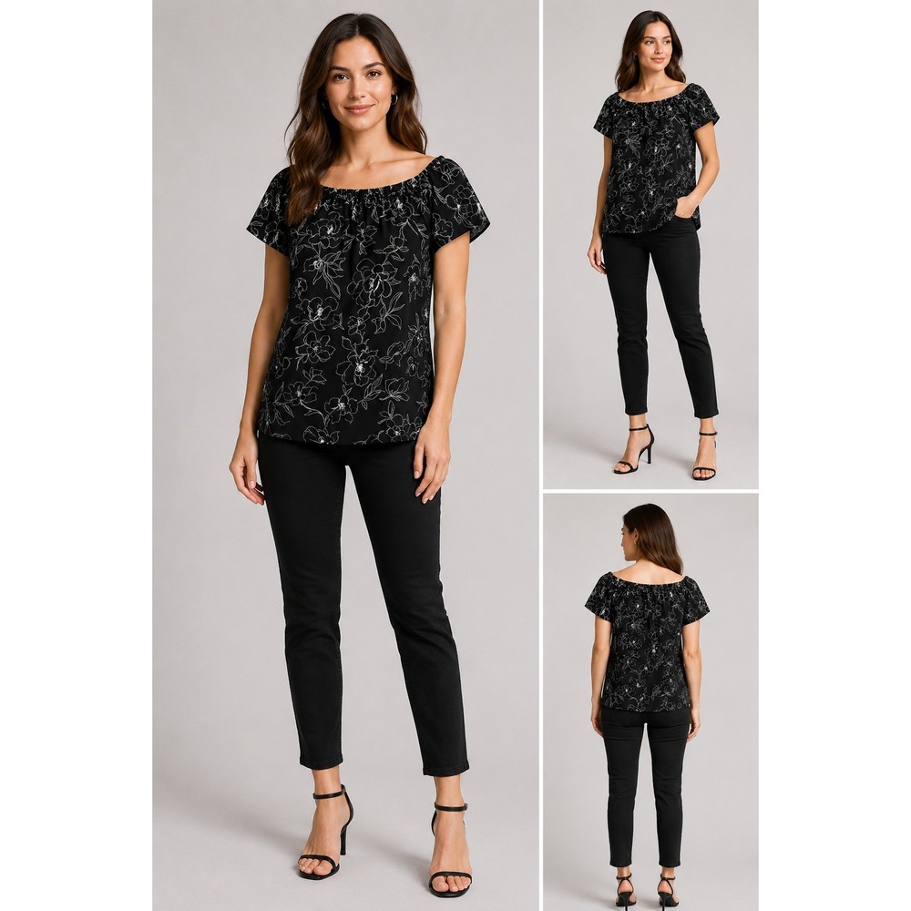 White House Black Market Small Black Floral Off Shoulder Smocked‎ Blouse Top